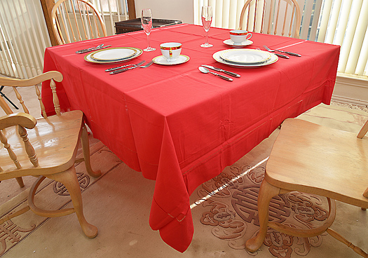 Happy Festive Tablecloth. 90" Square. Red - Click Image to Close